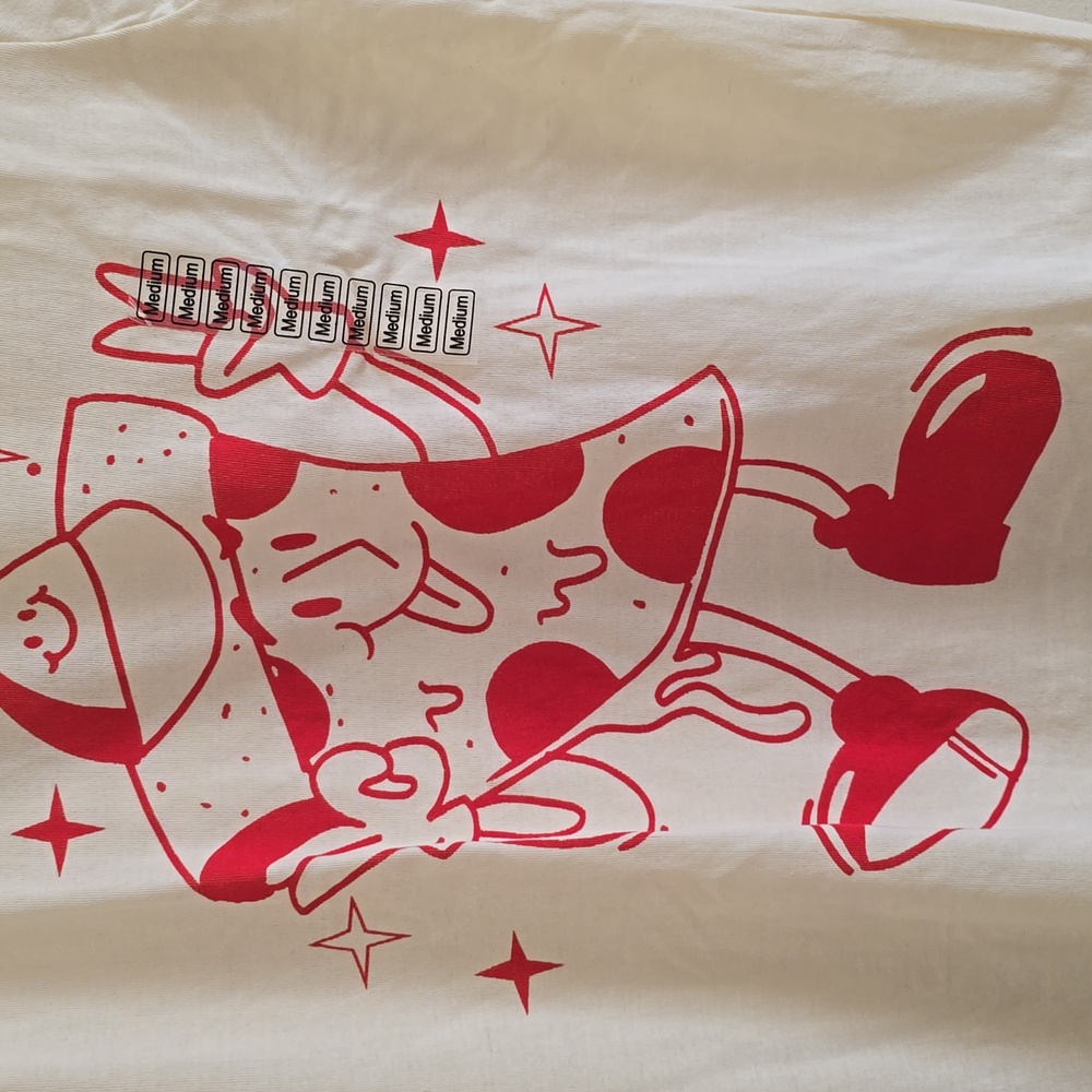 NWOTs Unisex Chemistry Pizza Peace Sign Cream, Red Graphic Men's T-Shirt Medium - Picture 2 of 6